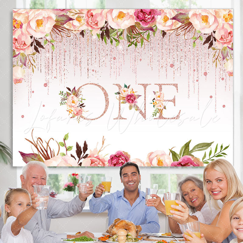 Lofaris 1st Birthday Pink Floral Glitter Party Backdrop for Girls