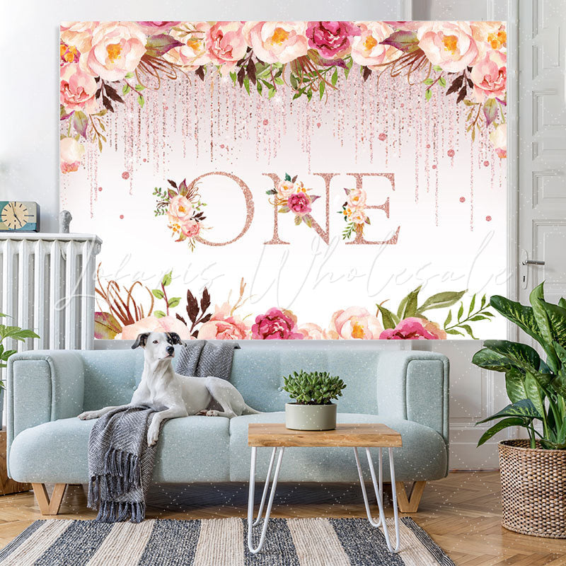 Lofaris 1st Birthday Pink Floral Glitter Party Backdrop for Girls