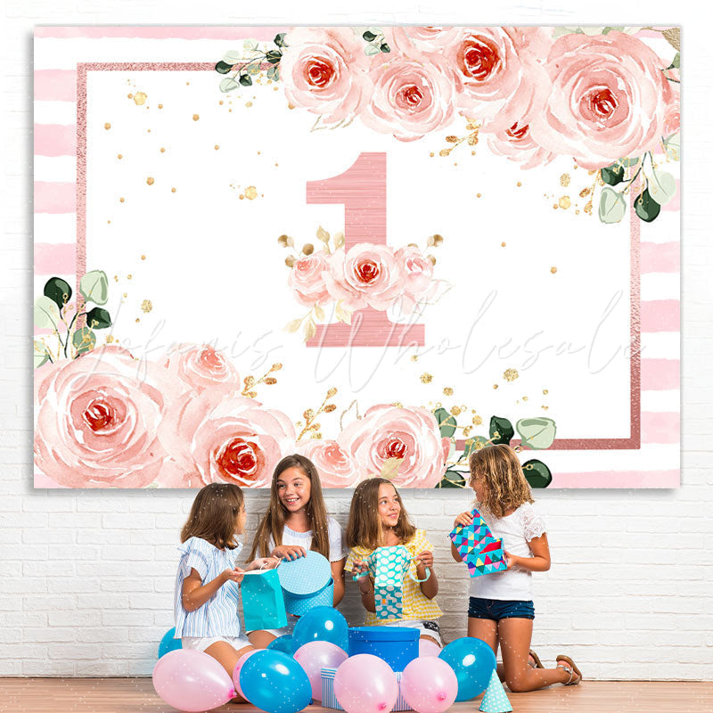 Lofaris 1st Birthday Pink Floral Stripe Backdrop for Girls