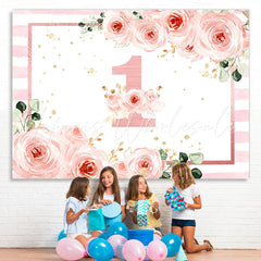 Lofaris 1st Birthday Pink Floral Stripe Backdrop for Girls
