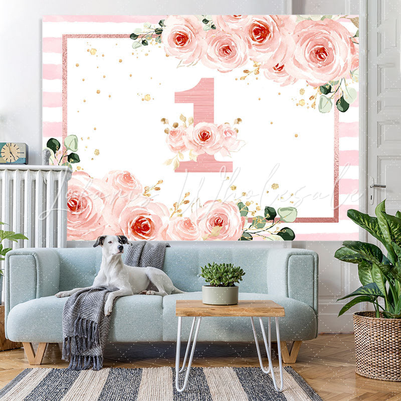 Lofaris 1st Birthday Pink Floral Stripe Backdrop for Girls