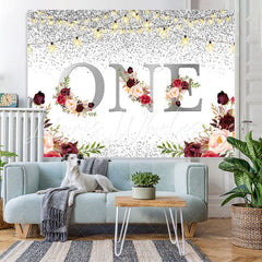 Lofaris 1st Burgundy Floral Glitter Silver First Birthday Backdrop