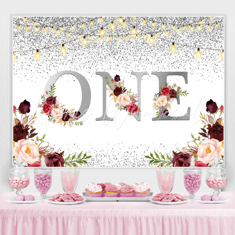 Lofaris 1st Burgundy Floral Glitter Silver First Birthday Backdrop