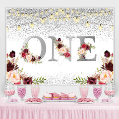 Lofaris 1st Burgundy Floral Glitter Silver First Birthday Backdrop