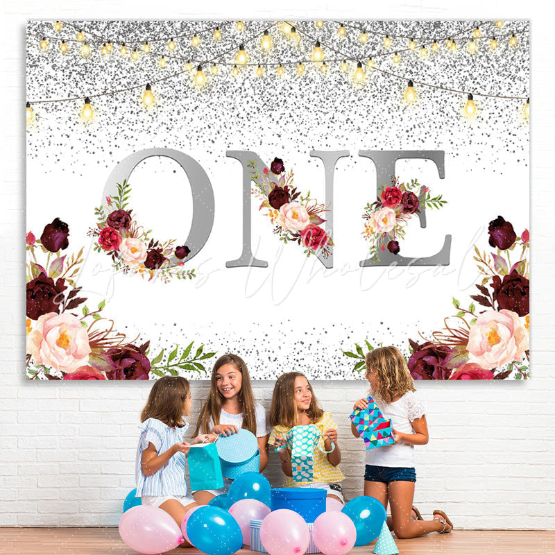 Lofaris 1st Burgundy Floral Glitter Silver First Birthday Backdrop