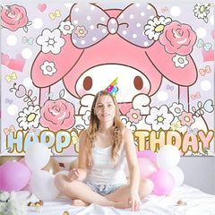 (7 Day Delivery) Cartoon My Melody Sanrio Rabbit Happy Birthday Backdrop For Kids