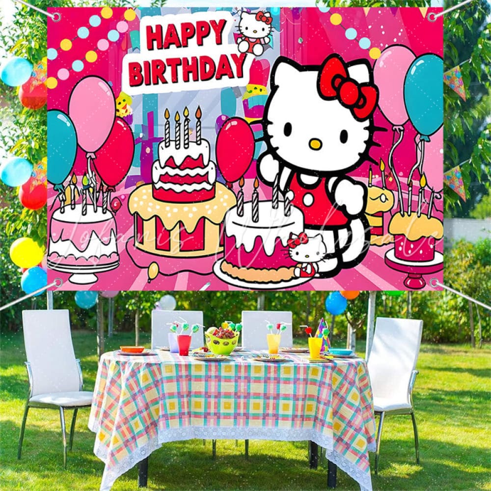 (7 Day Delivery) Cartoon Pink Hello Kitty Sanrio Cat Cake Happy Birthday Backdrop