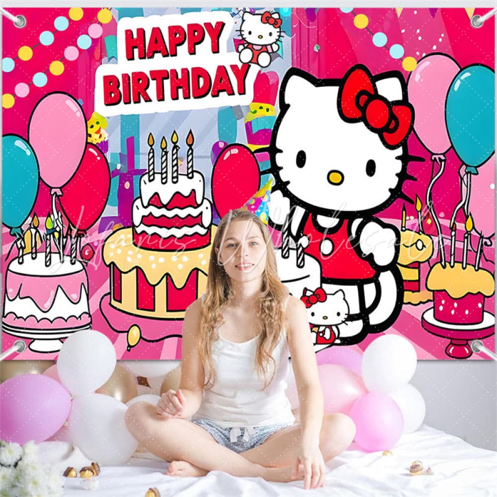 (7 Day Delivery) Cartoon Pink Hello Kitty Sanrio Cat Cake Happy Birthday Backdrop