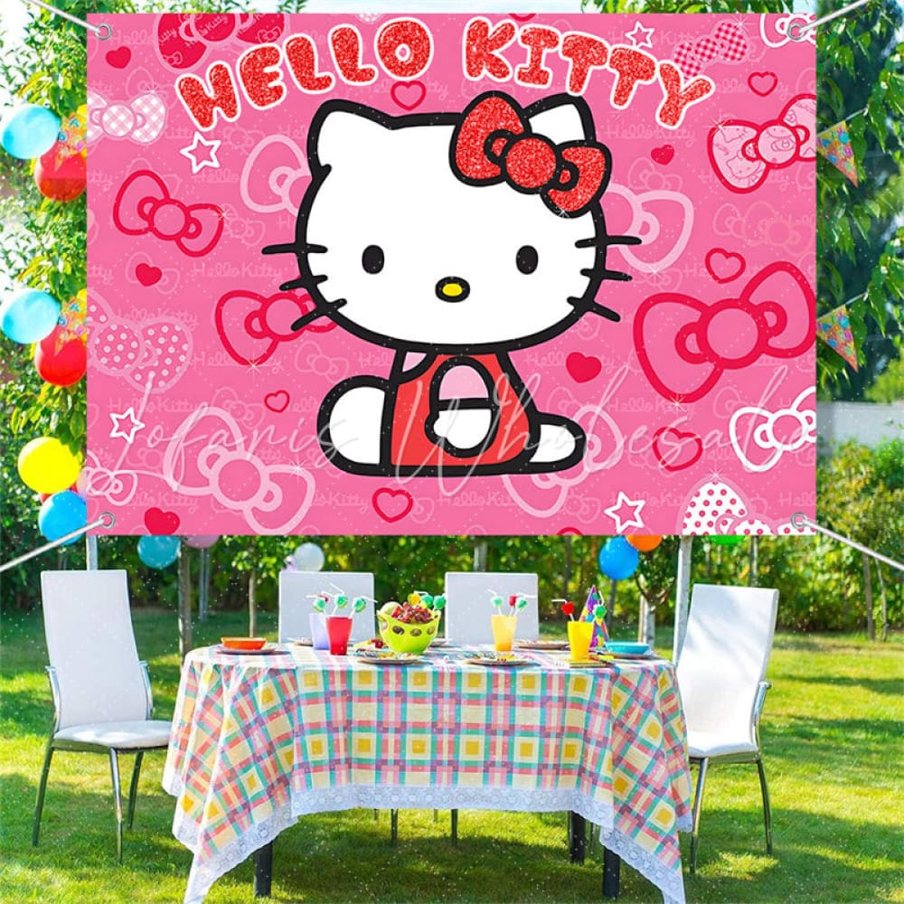 (7 Day Delivery) Glitter Hello Kitty Cartoon Cartoon Cat Happy Birthday Backdrop