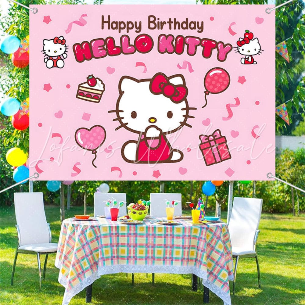 (7 Day Delivery) Pink Cute Cat Hello Kitty Happy Birthday Backdrop For Kids