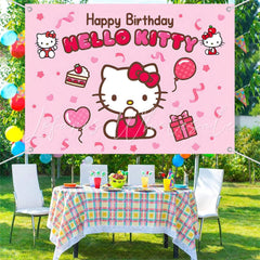 (7 Day Delivery) Pink Cute Cat Hello Kitty Happy Birthday Backdrop For Kids
