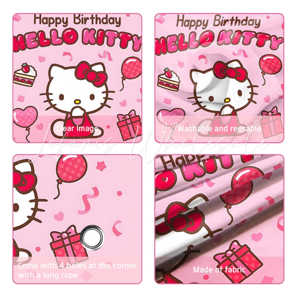(7 Day Delivery) Pink Cute Cat Hello Kitty Happy Birthday Backdrop For Kids