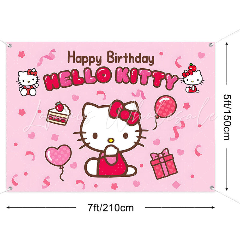 (7 Day Delivery) Pink Cute Cat Hello Kitty Happy Birthday Backdrop For Kids