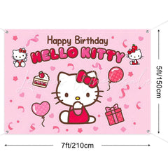 (7 Day Delivery) Pink Cute Cat Hello Kitty Happy Birthday Backdrop For Kids