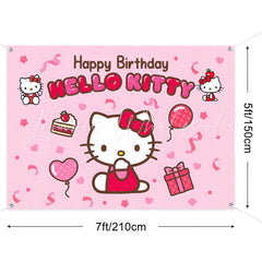 (7 Day Delivery) Pink Cute Cat Hello Kitty Happy Birthday Backdrop For Kids