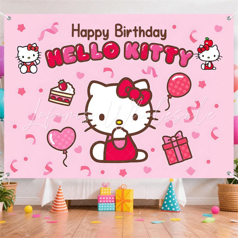 (7 Day Delivery) Pink Cute Cat Hello Kitty Happy Birthday Backdrop For Kids