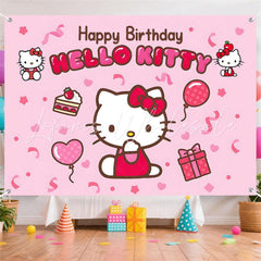 (7 Day Delivery) Pink Cute Cat Hello Kitty Happy Birthday Backdrop For Kids