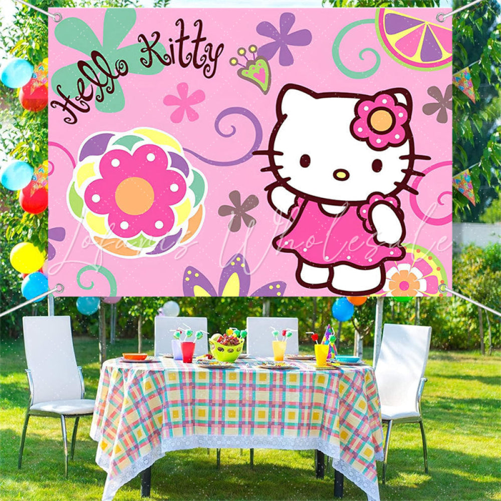 (7 Day Delivery) Pink Hello Kitty Cartoon Cat Happy Birthday Backdrop For Kids