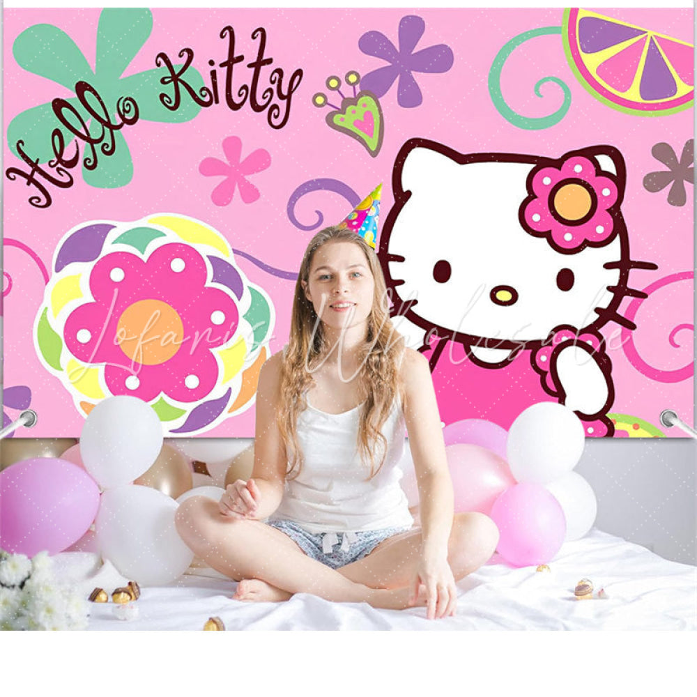 (7 Day Delivery) Pink Hello Kitty Cartoon Cat Happy Birthday Backdrop For Kids