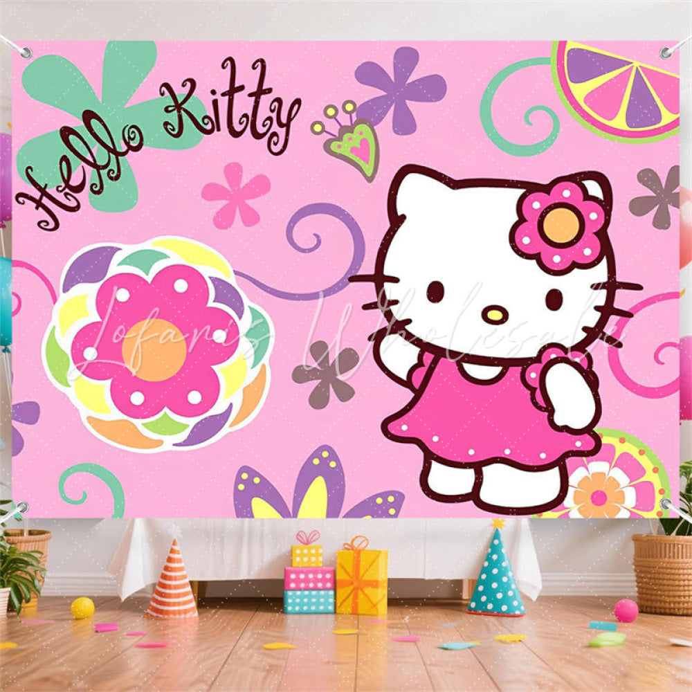 (7 Day Delivery) Pink Hello Kitty Cartoon Cat Happy Birthday Backdrop For Kids