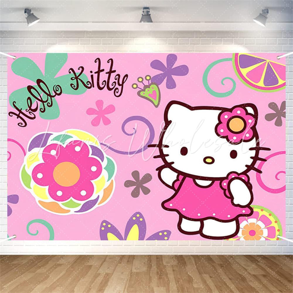(7 Day Delivery) Pink Hello Kitty Cartoon Cat Happy Birthday Backdrop For Kids