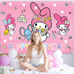 (7 Day Delivery) Pink My Melody Sanrio Cartoon Happy Birthday Backdrop For Kids