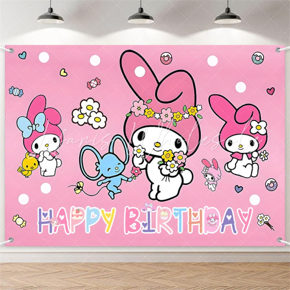 (7 Day Delivery) Pink My Melody Sanrio Cartoon Happy Birthday Backdrop For Kids