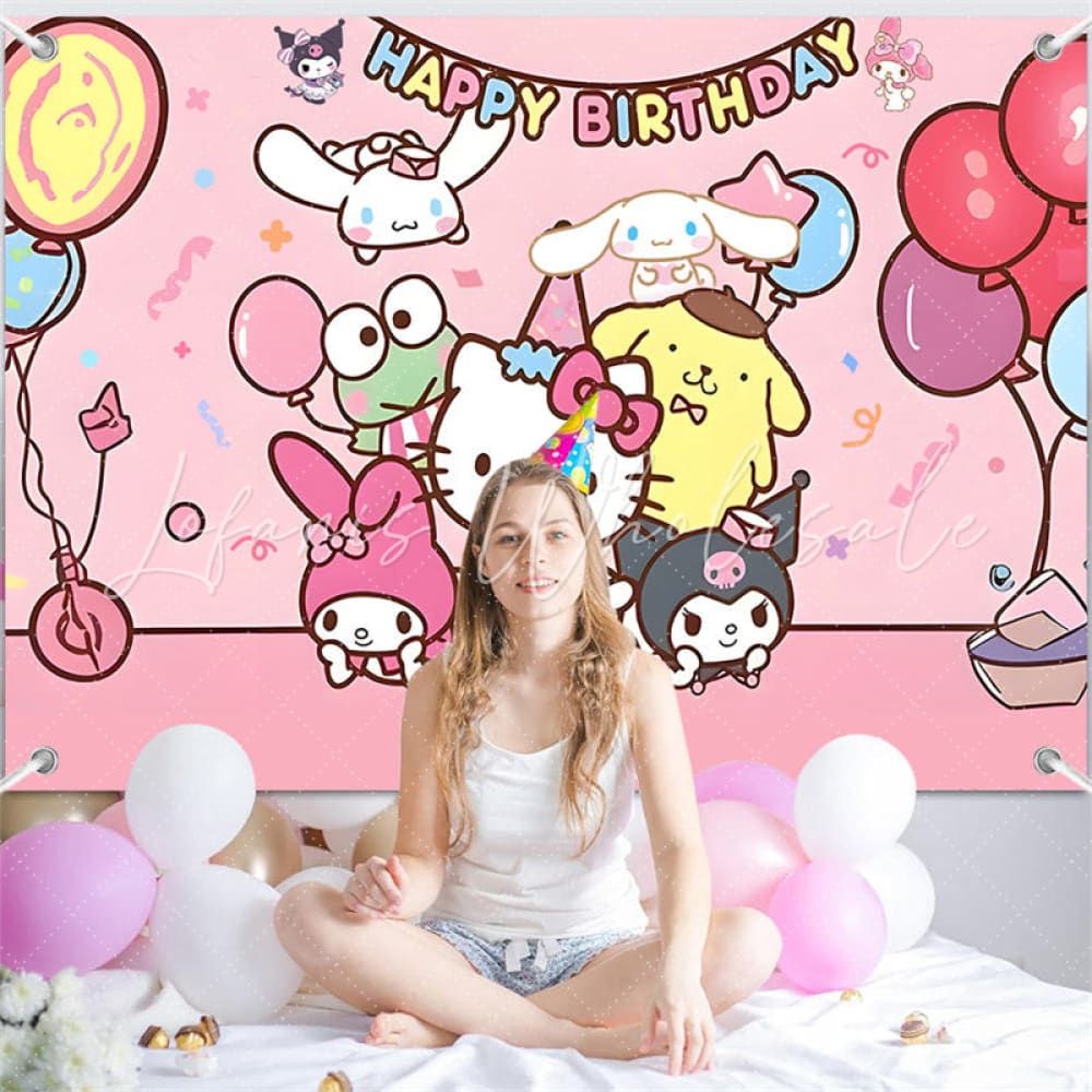 (7 Day Delivery) Pink Sanrio Family Cartoon Happy Birthday Backdrop For Kids