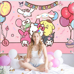 (7 Day Delivery) Pink Sanrio Family Cartoon Happy Birthday Backdrop For Kids