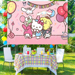 (7 Day Delivery) Pink Sanrio Family Cartoon Happy Birthday Backdrop For Kids
