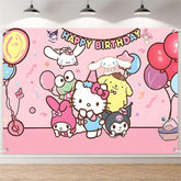 (7 Day Delivery) Pink Sanrio Family Cartoon Happy Birthday Backdrop For Kids