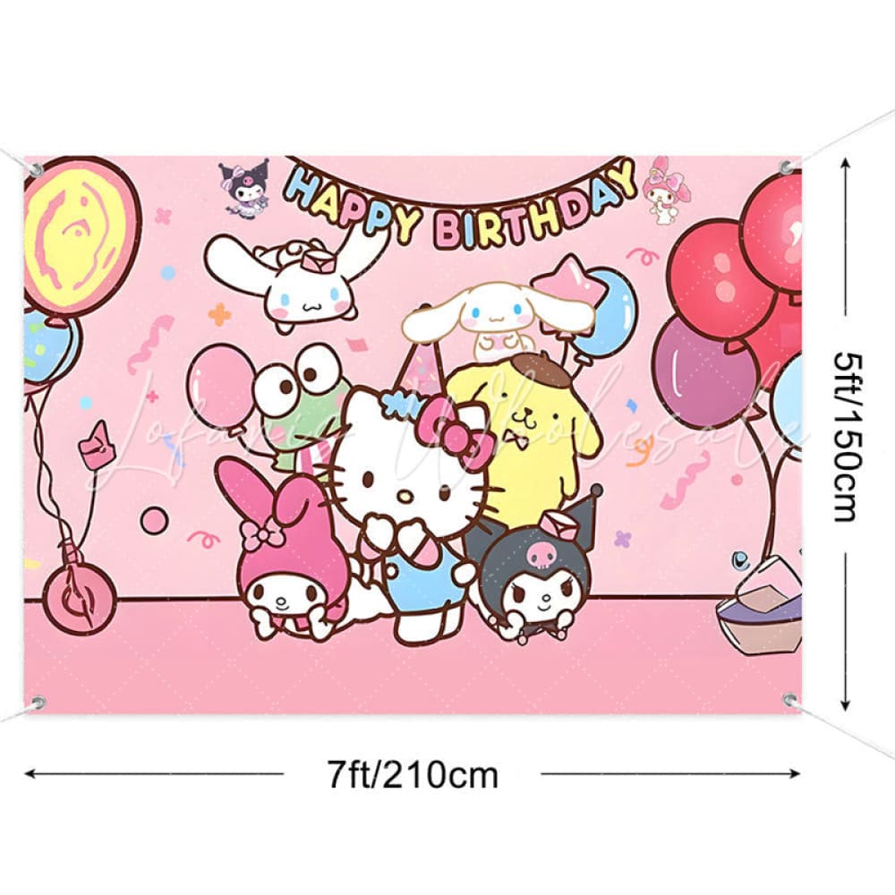 (7 Day Delivery) Pink Sanrio Family Cartoon Happy Birthday Backdrop For Kids