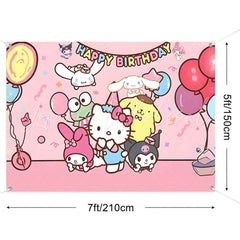 (7 Day Delivery) Pink Sanrio Family Cartoon Happy Birthday Backdrop For Kids
