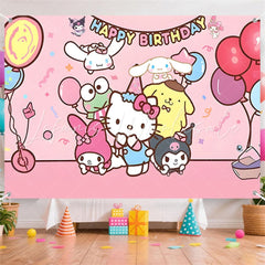 (7 Day Delivery) Pink Sanrio Family Cartoon Happy Birthday Backdrop For Kids