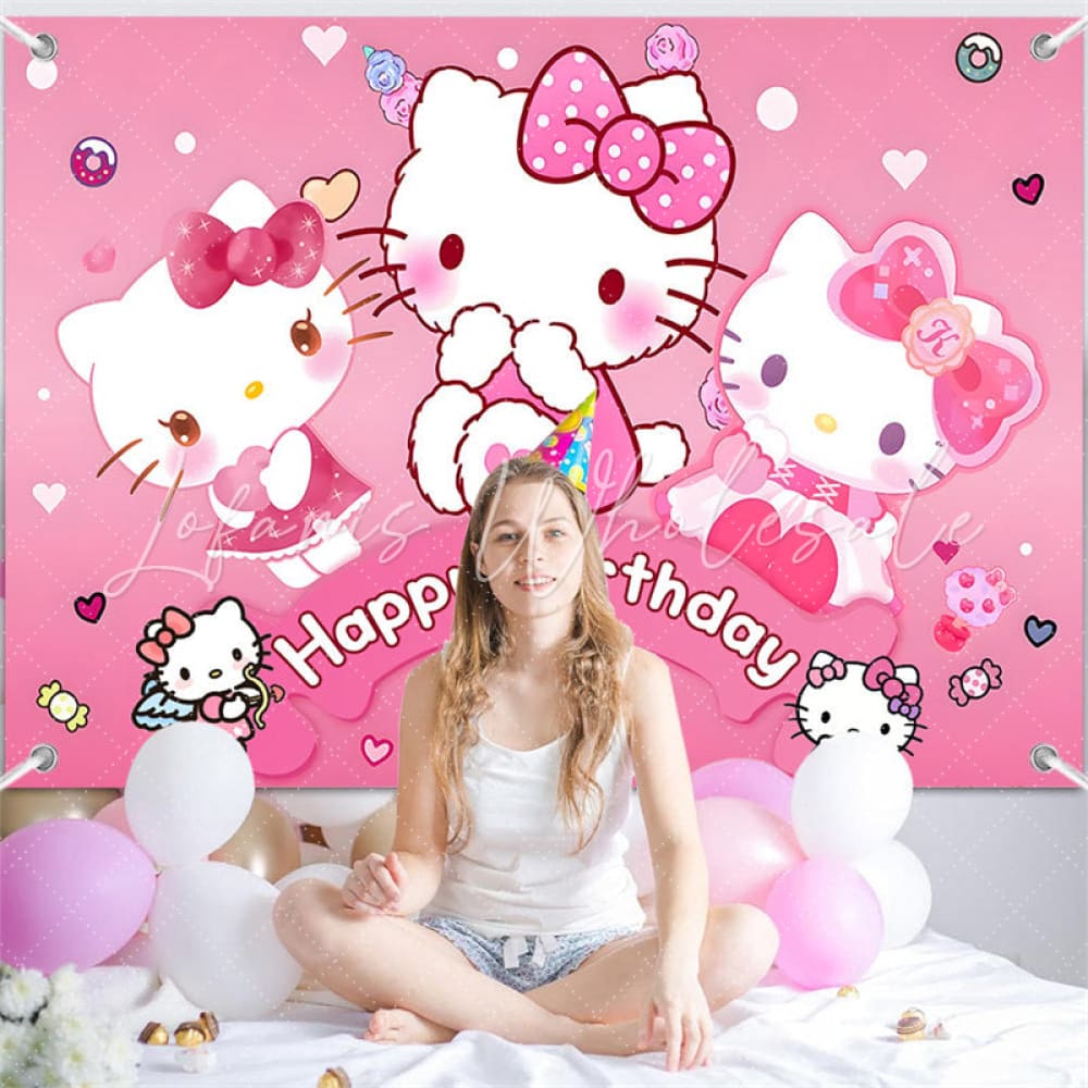 (7 Day Delivery) Sanrio Pink Hello Kitty Cat Happy Birthday Backdrop For Girls
