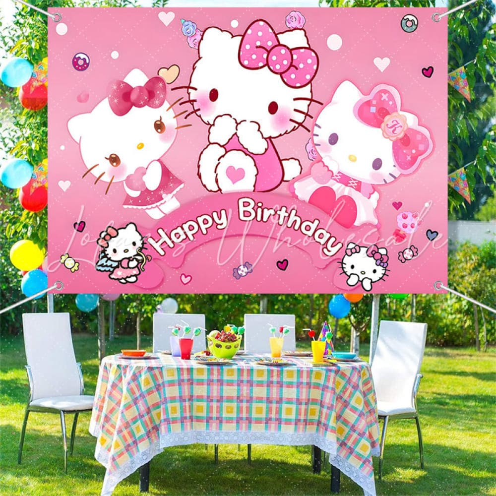 (7 Day Delivery) Sanrio Pink Hello Kitty Cat Happy Birthday Backdrop For Girls