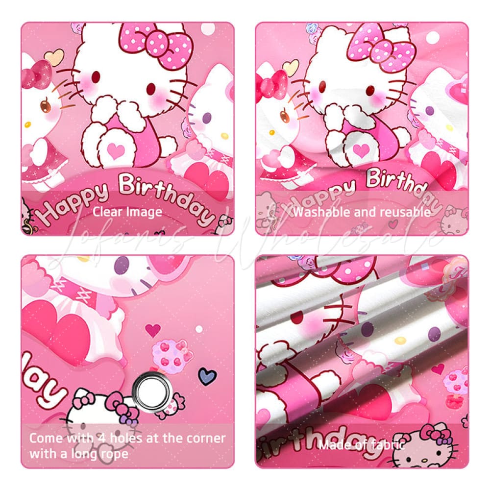(7 Day Delivery) Sanrio Pink Hello Kitty Cat Happy Birthday Backdrop For Girls