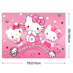 (7 Day Delivery) Sanrio Pink Hello Kitty Cat Happy Birthday Backdrop For Girls