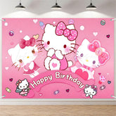 (7 Day Delivery) Sanrio Pink Hello Kitty Cat Happy Birthday Backdrop For Girls