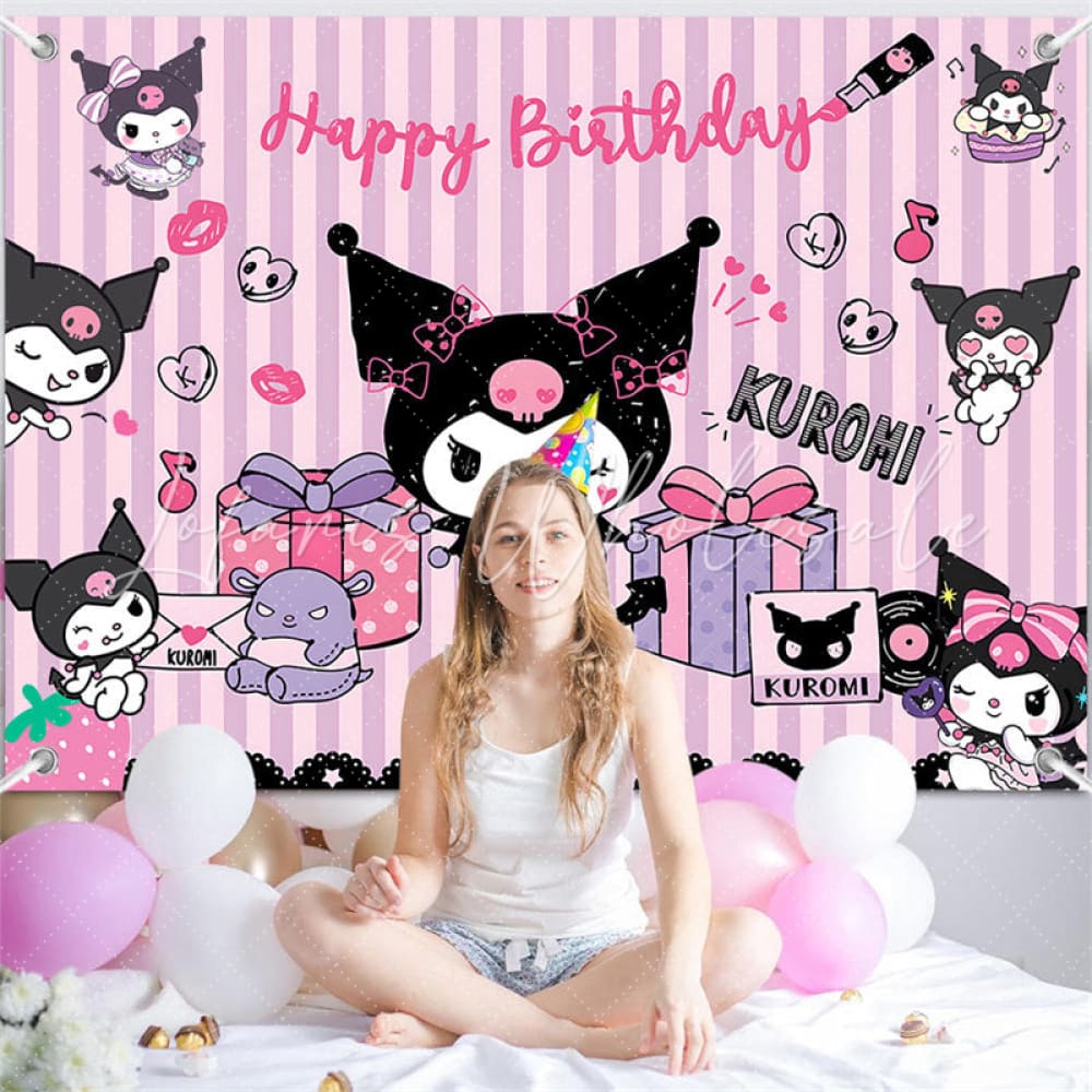 (7 Day Delivery) Sanrio Purple Kuromi Cartoon Stripe Happy Birthday Backdrop