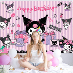 (7 Day Delivery) Sanrio Purple Kuromi Cartoon Stripe Happy Birthday Backdrop