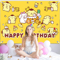 (7 Day Delivery) Yellow Sanrio Pom Pom Purin Happy Birthday Backdrop For Kids