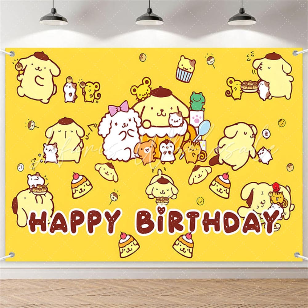 (7 Day Delivery) Yellow Sanrio Pom Pom Purin Happy Birthday Backdrop For Kids