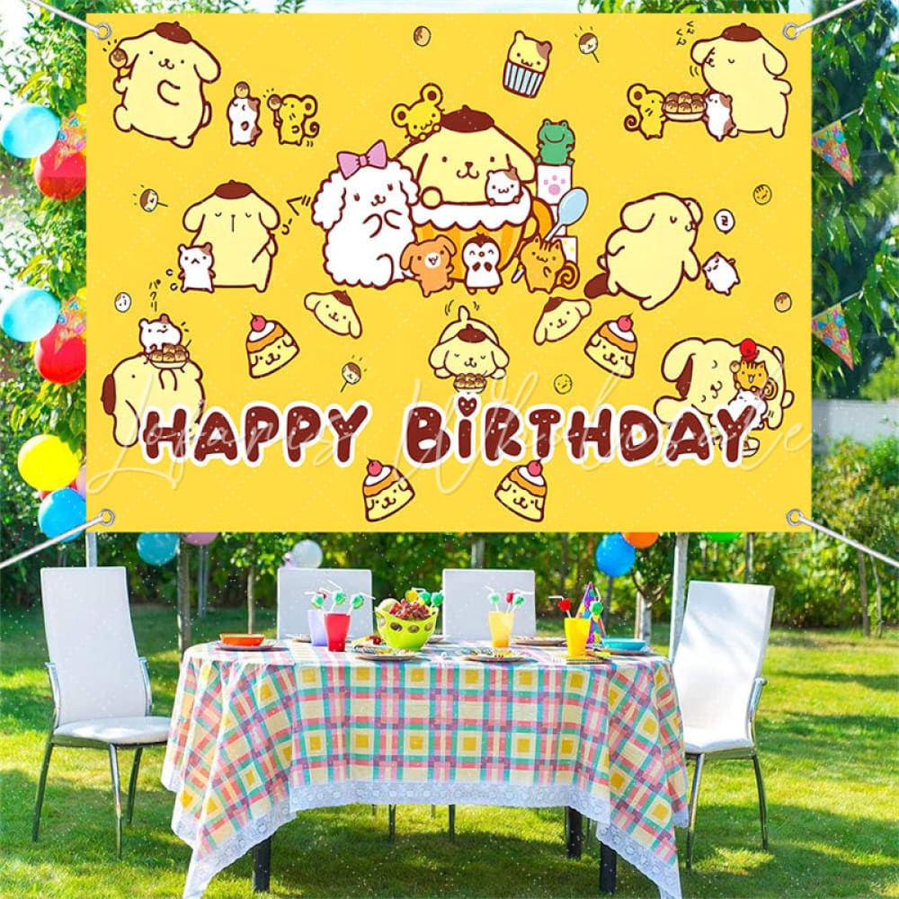 (7 Day Delivery) Yellow Sanrio Pom Pom Purin Happy Birthday Backdrop For Kids
