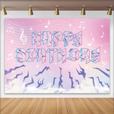 Lofaris Pink Purple Musical Happy Birthday Backdrop with Crystal Text and Notes, Dreamy Photo Background for Girls Birthday Party Decoration