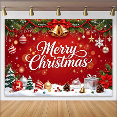 Lofaris Merry Christmas Red Backdrop with Pine Branches, Bells and Snow, Festive Holiday Background for Party Decor