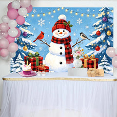Lofaris Cheerful Christmas Snowman Backdrop with Plaid Scarf, Decorated Trees and Gifts, Winter Wonderland for Holiday Photo Booth Decor