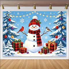 Lofaris Cheerful Christmas Snowman Backdrop with Plaid Scarf, Decorated Trees and Gifts, Winter Wonderland for Holiday Photo Booth Decor