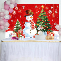 Lofaris Festive Snowman Christmas Tree Backdrop with Gifts and Snowflakes, Vibrant Red Winter Holiday Background for Party Decor