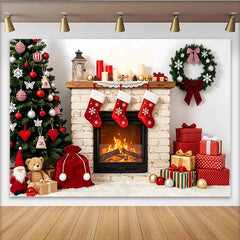 Lofaris Cozy Christmas Fireplace Backdrop with Decorated Tree and Gifts, Festive Holiday Background for Family Photoshoot and Party Decor